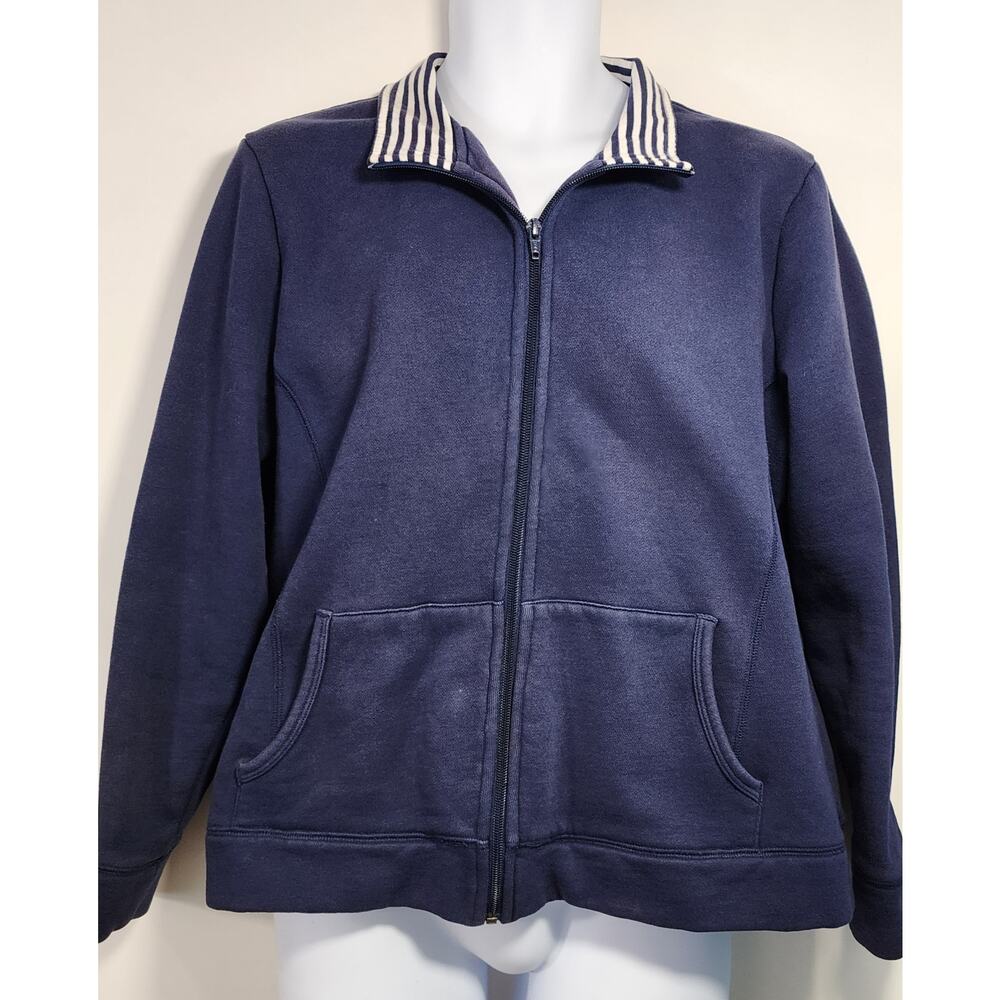 Orvis Navy Full Zip‎ Sweatshirt Striped Collar Cotton Blend Size L
